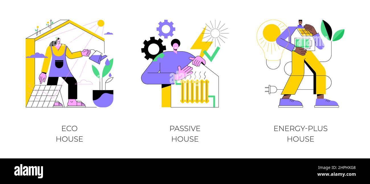 Umweltfreundliche Konstruktion abstraktes Konzept Vektor Illustration Set. Öko-Haus, Passiv- und Plusenergiegebäude, Abfallrecycling, Wärmeeffizienz, abstrakte Metapher für nachhaltiges Zuhause. Stock Vektor