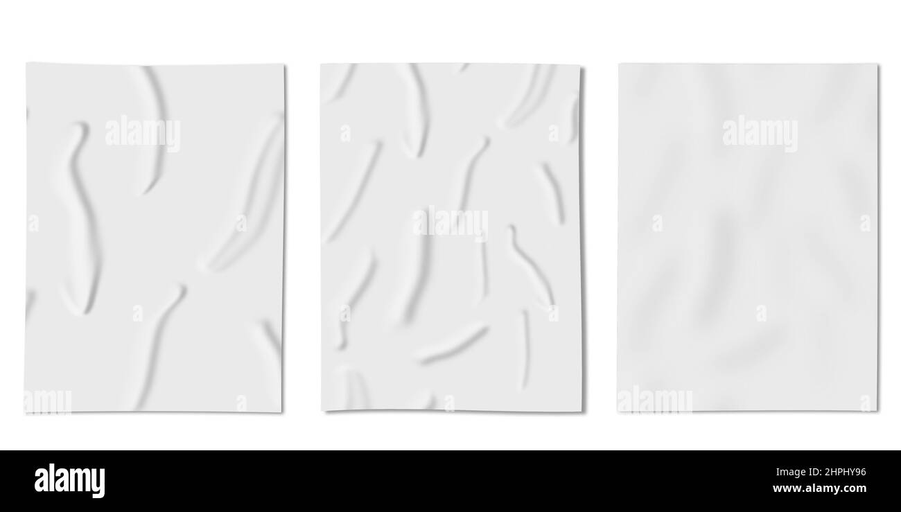 Zerknittert Papier Blanks Nachbildung Lay up auf weißem Hintergrund (Flat Lay). Branding Identifizieren Sie Vorlagen und 3 geklebte Poster-Modelle. Stockfoto