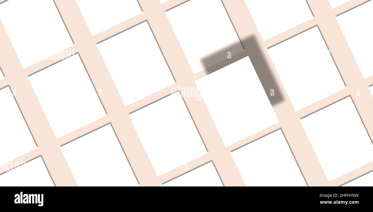 Visitenkarten-Muster auf neutralem Hintergrund mit einer anderen Karte (Flat Lay). Gruppe von diagonalen weißen Blanks mit realistischem Schatten. Unternehmen Stockfoto