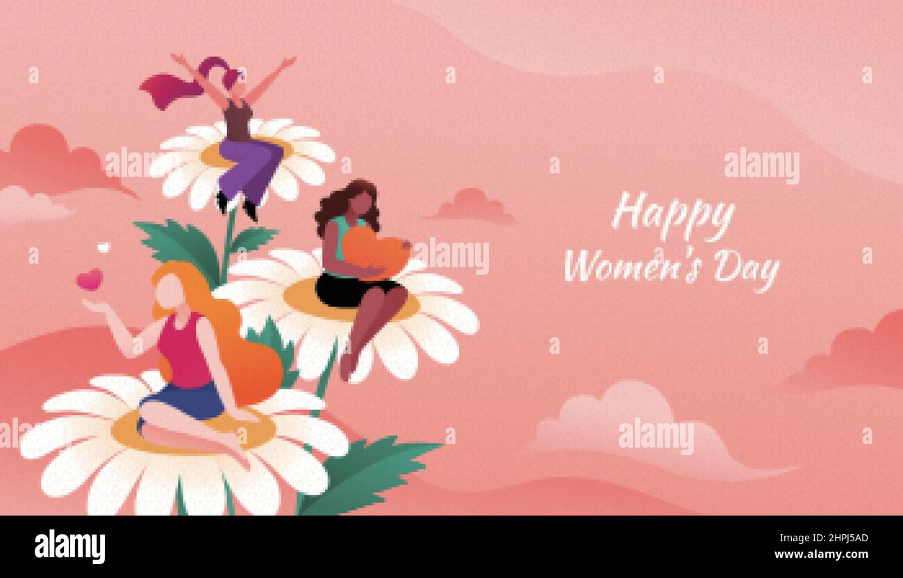 Glückwunschkarte zum Frauentag. Flache Illustration von drei multirassischen Frauen, die auf Blumen sitzen. Konzept von Frauen, die gleiche Rechte besitzen und sie lieben Stock Vektor