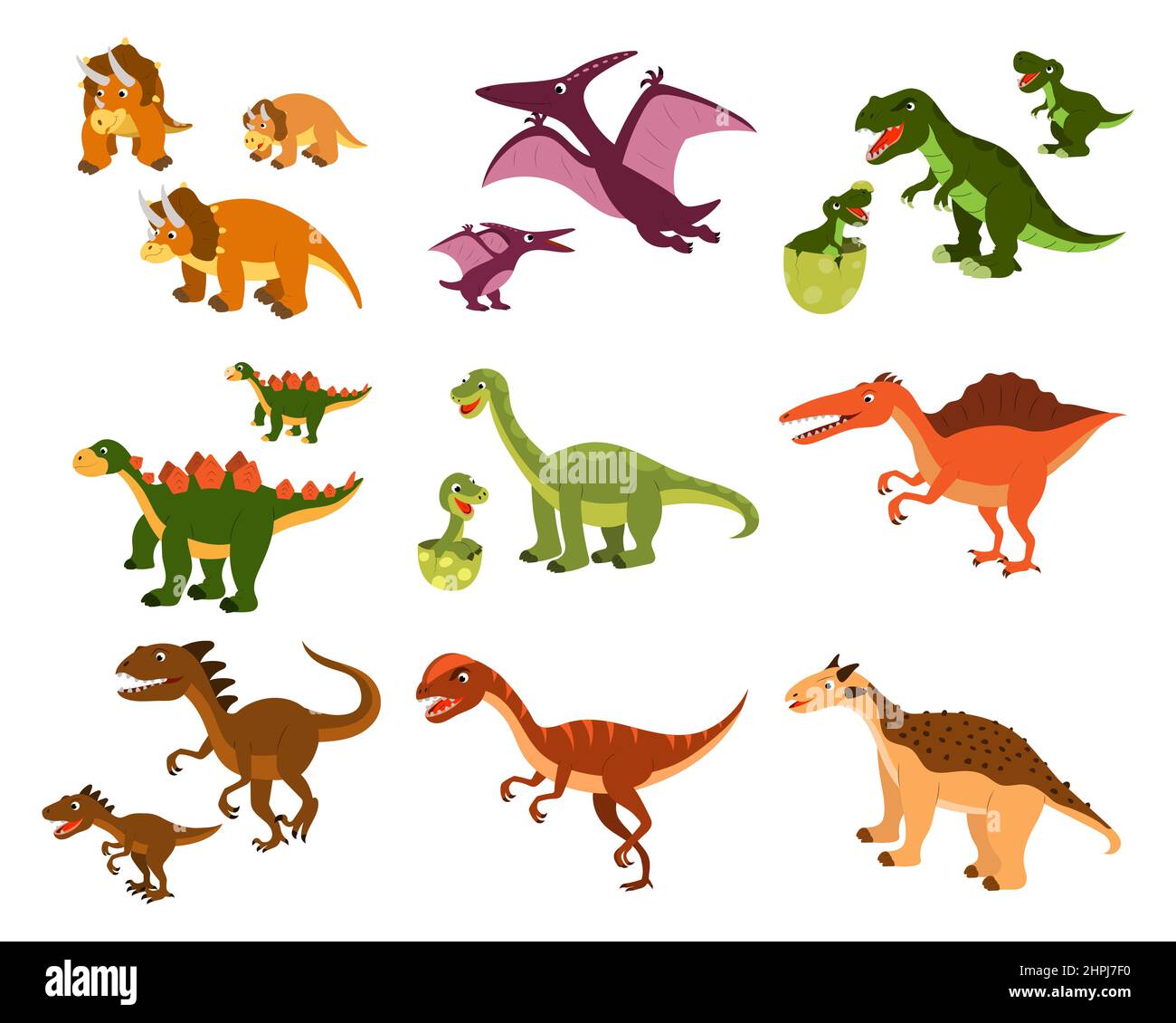 Eine Reihe von niedlichen Cartoon-Dinosaurier und ihre Kinder. vektor isoliert auf einem weißen Hintergrund. Stock Vektor