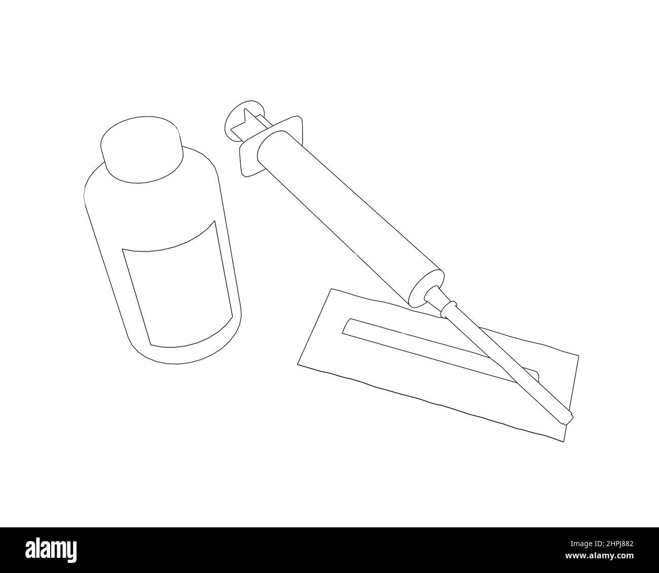 Die Kontur einer medizinischen Spritze mit einer Ampulle aus schwarzen, auf weißem Hintergrund isolierten Linien. Vektorgrafik. Stock Vektor