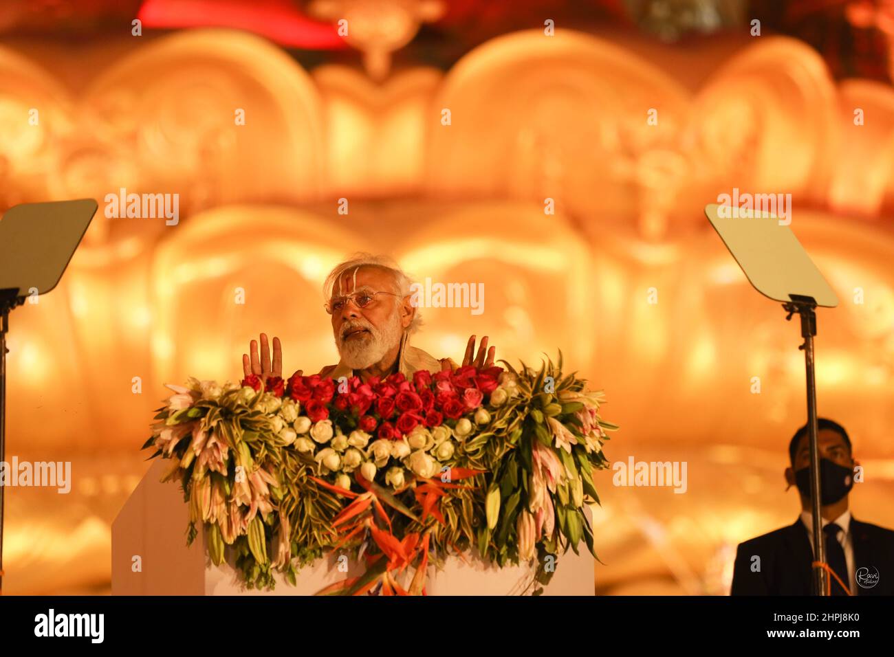 Widmung der Ramanuja-Statue der Gleichheit, Narendra Modi im Gespräch mit Teleprompter, Hyderabad, Telengana, Indien Stockfoto