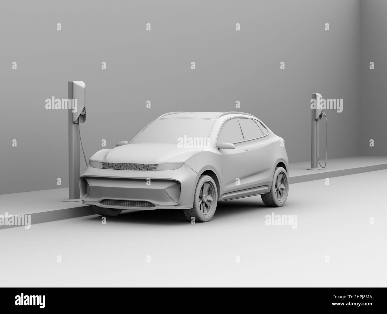 Clay-Modell Rendering für generische Elektro-SUV-Laden an der Ladestation am Straßenrand. 3D Rendering des Bildes. Stockfoto