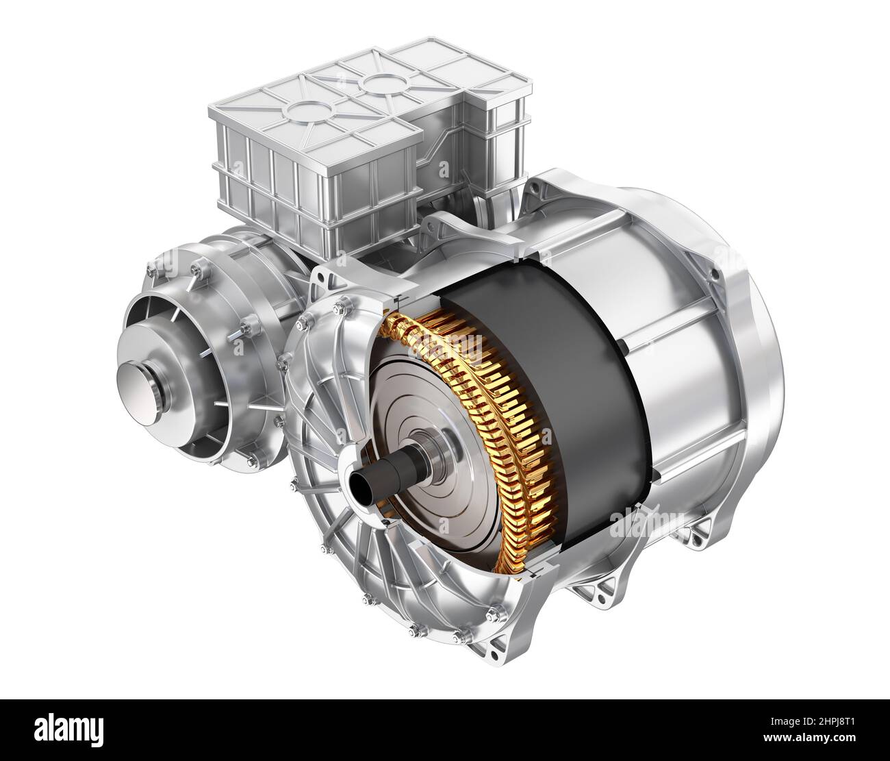 Schnittansicht des Elektrofahrzeugmotors mit Aufhängung auf weißem Hintergrund. 3D Rendering des Bildes. Stockfoto