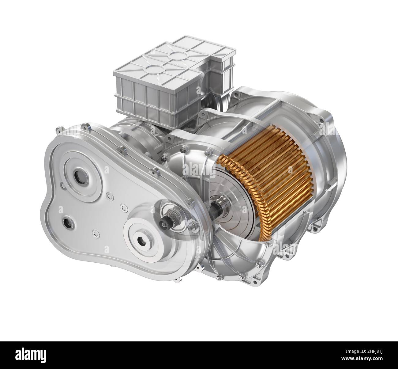 Schnittansicht des Elektrofahrzeugmotors mit Aufhängung auf weißem Hintergrund. 3D Rendering des Bildes. Stockfoto