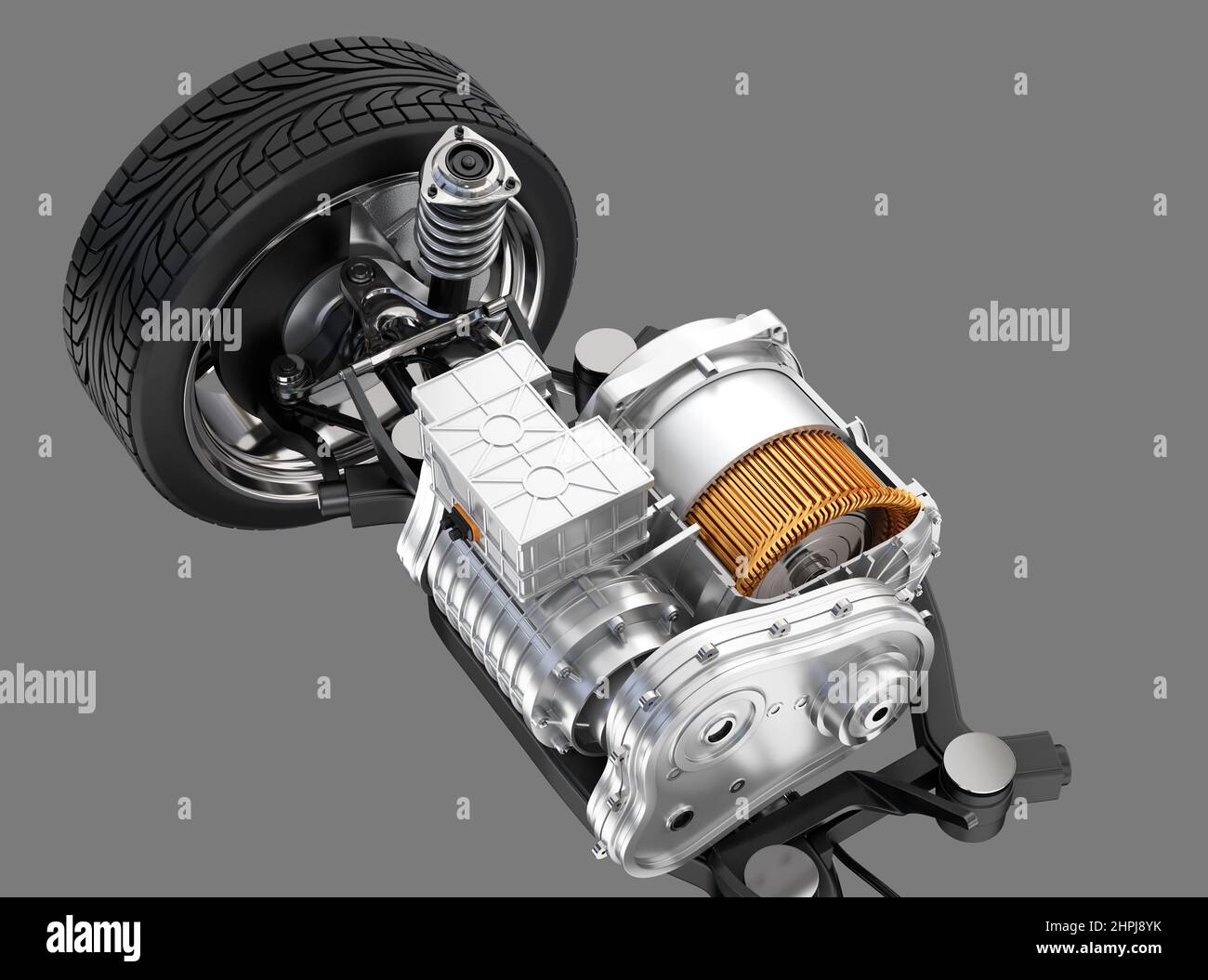 Schnittansicht des Elektrofahrzeugmotors mit Aufhängung auf grauem Hintergrund. 3D Rendering des Bildes. Stockfoto