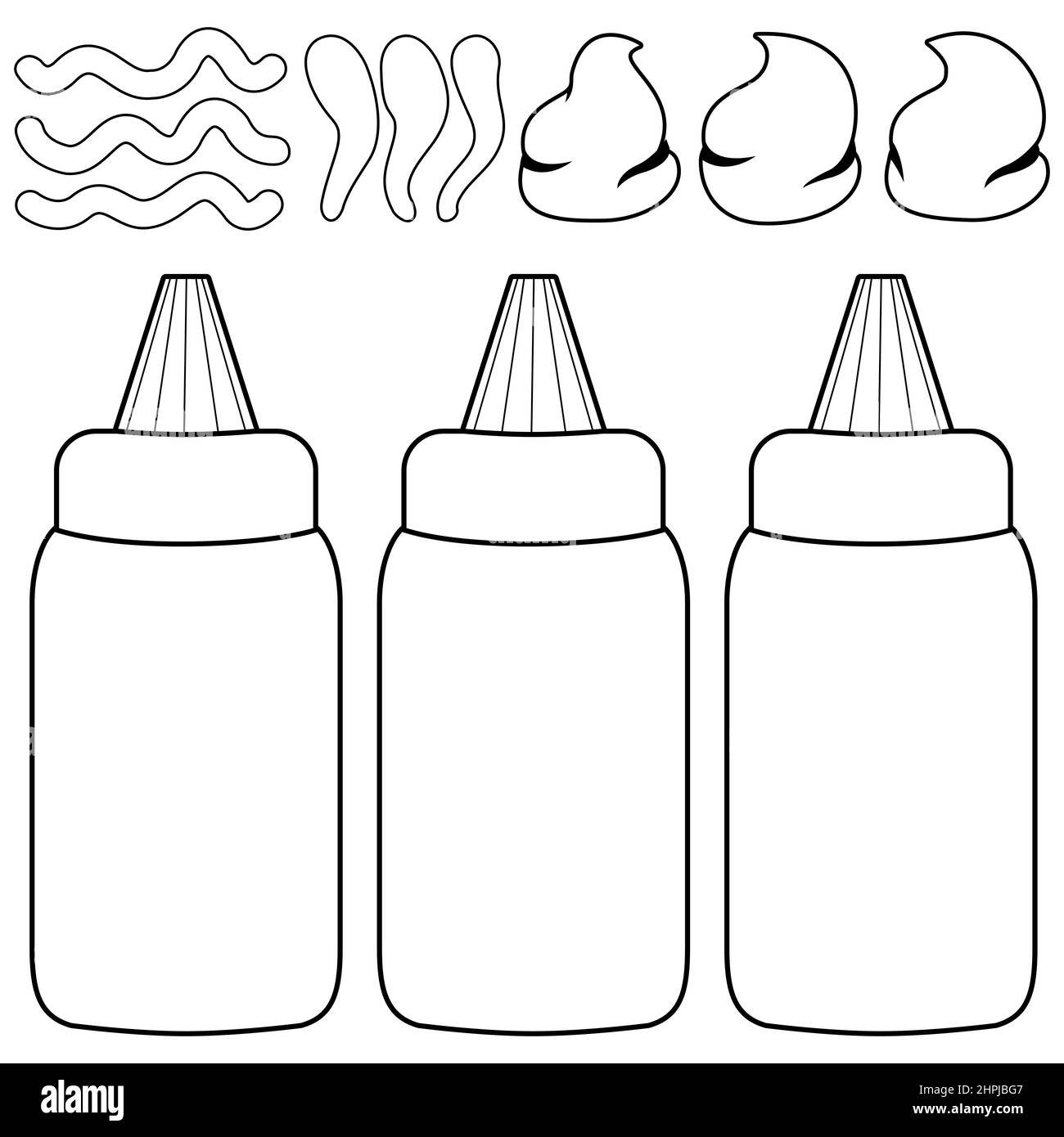 Flaschen und verschüttete Saucen aus Tomatenketchup, Senf und Mayonnaise. Schwarz-Weiß-Malseite Stockfoto