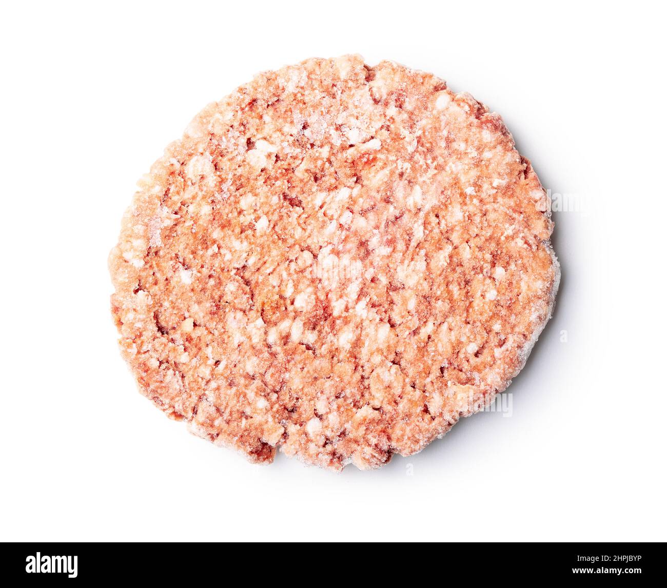 Gefrorenes Hamburger-Fleisch. Rohe Beef Patties isoliert auf weißem Hintergrund. Stockfoto