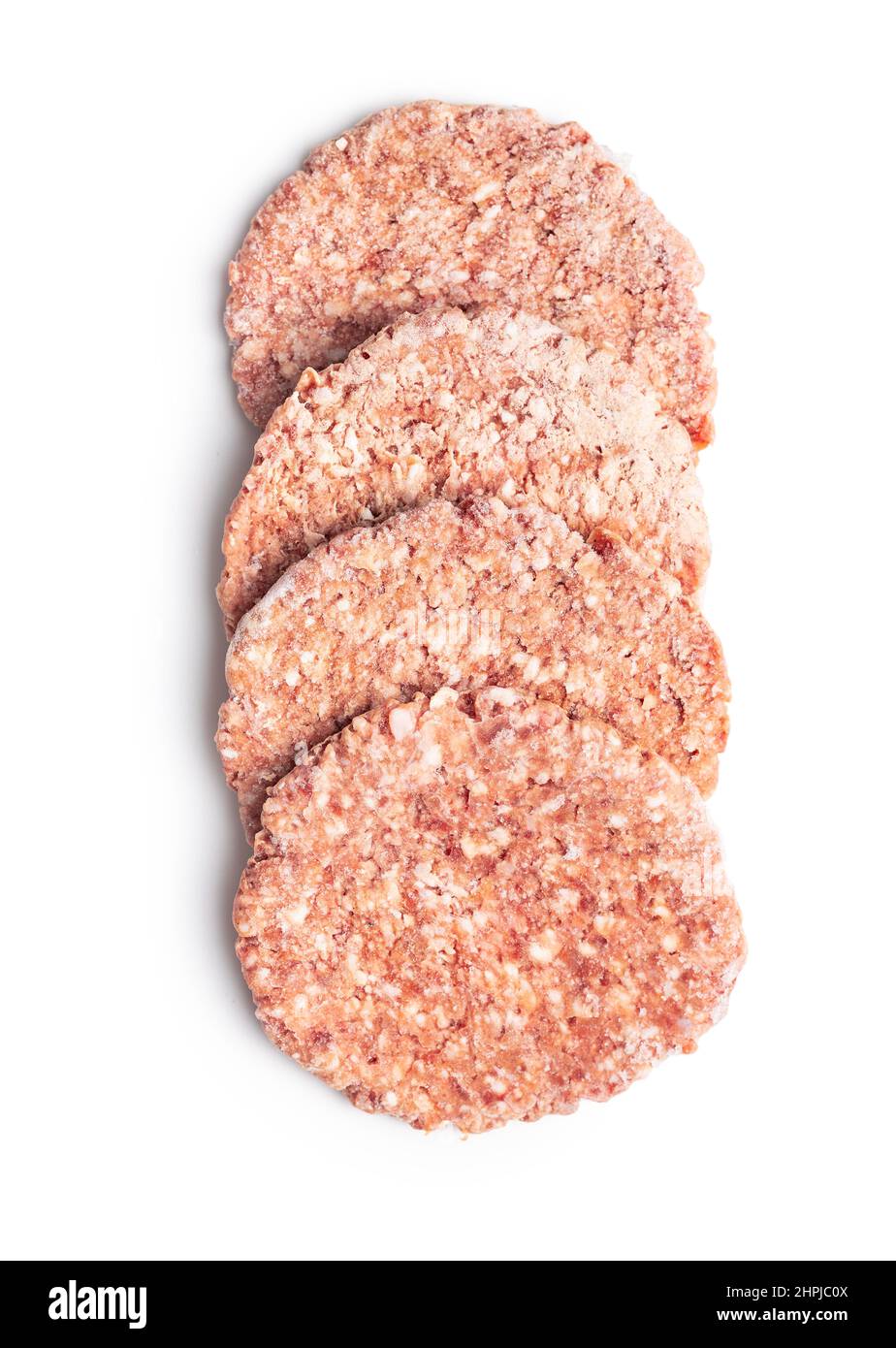 Gefrorenes Hamburger-Fleisch. Rohe Beef Patties isoliert auf weißem Hintergrund. Stockfoto