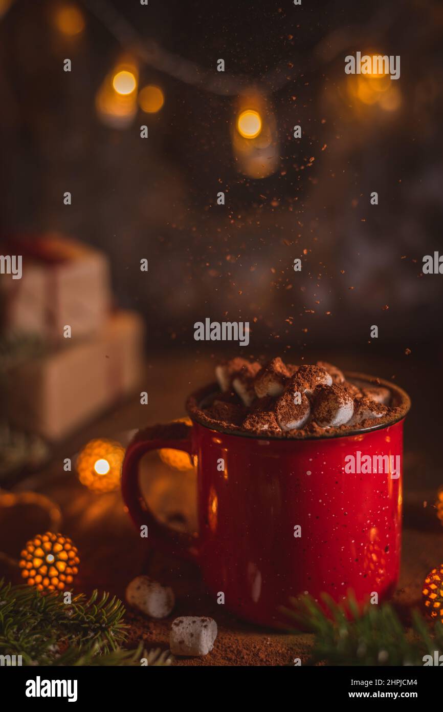Rote Tasse mit Kakao und Salmmielchen und Zimt. Weihnachten, Neujahrskomposition Stockfoto