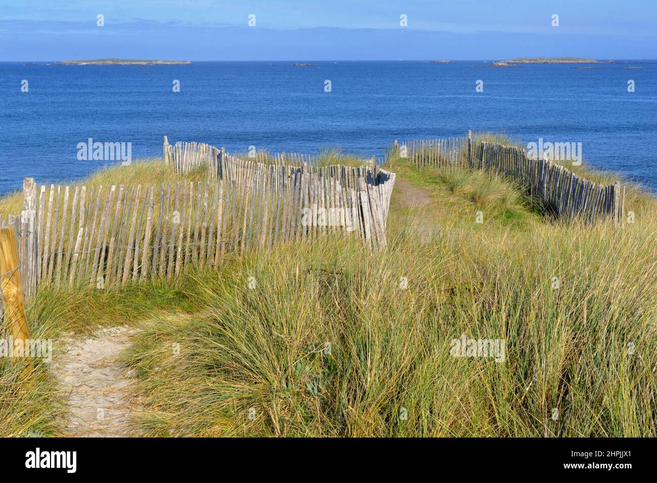 Fußweg in den grasbewachsenen Dünen, umgeben von einem Holzzaun am Meer in finistere in der Bretagne Stockfoto