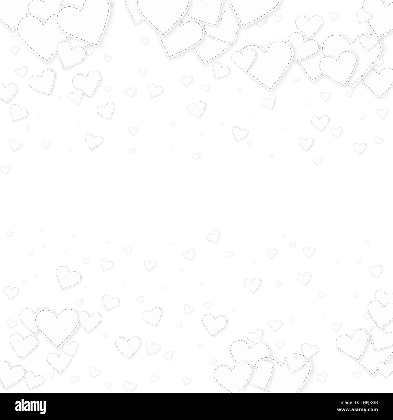Weißes Herz liebt Konfettis. Valentinstag fallender Regen symmetrischer Hintergrund. Fallende genähte Papier Herzen Konfetti auf weißem Hintergrund. Kreativ Stock Vektor