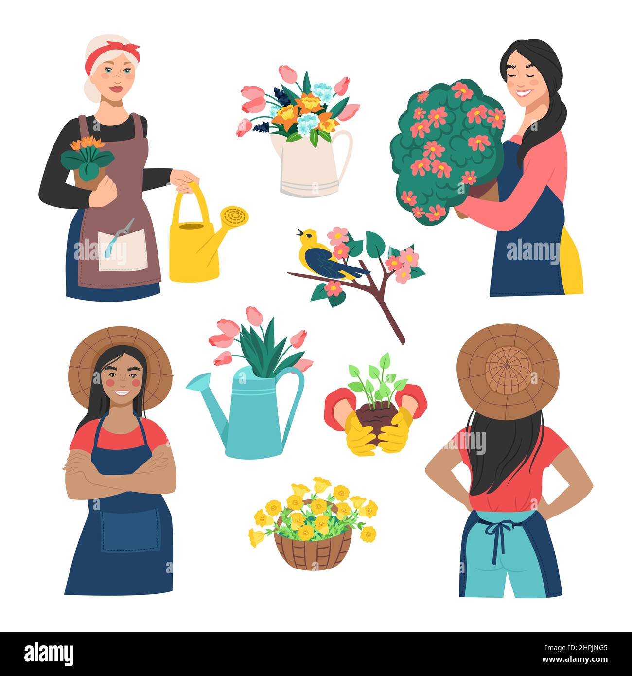 Weibliche Floristin kümmert sich um Blumen. Gartenarbeiter. Frühling schöne Blumen Vogel auf einem Zweig. Vektorgrafik Stock Vektor