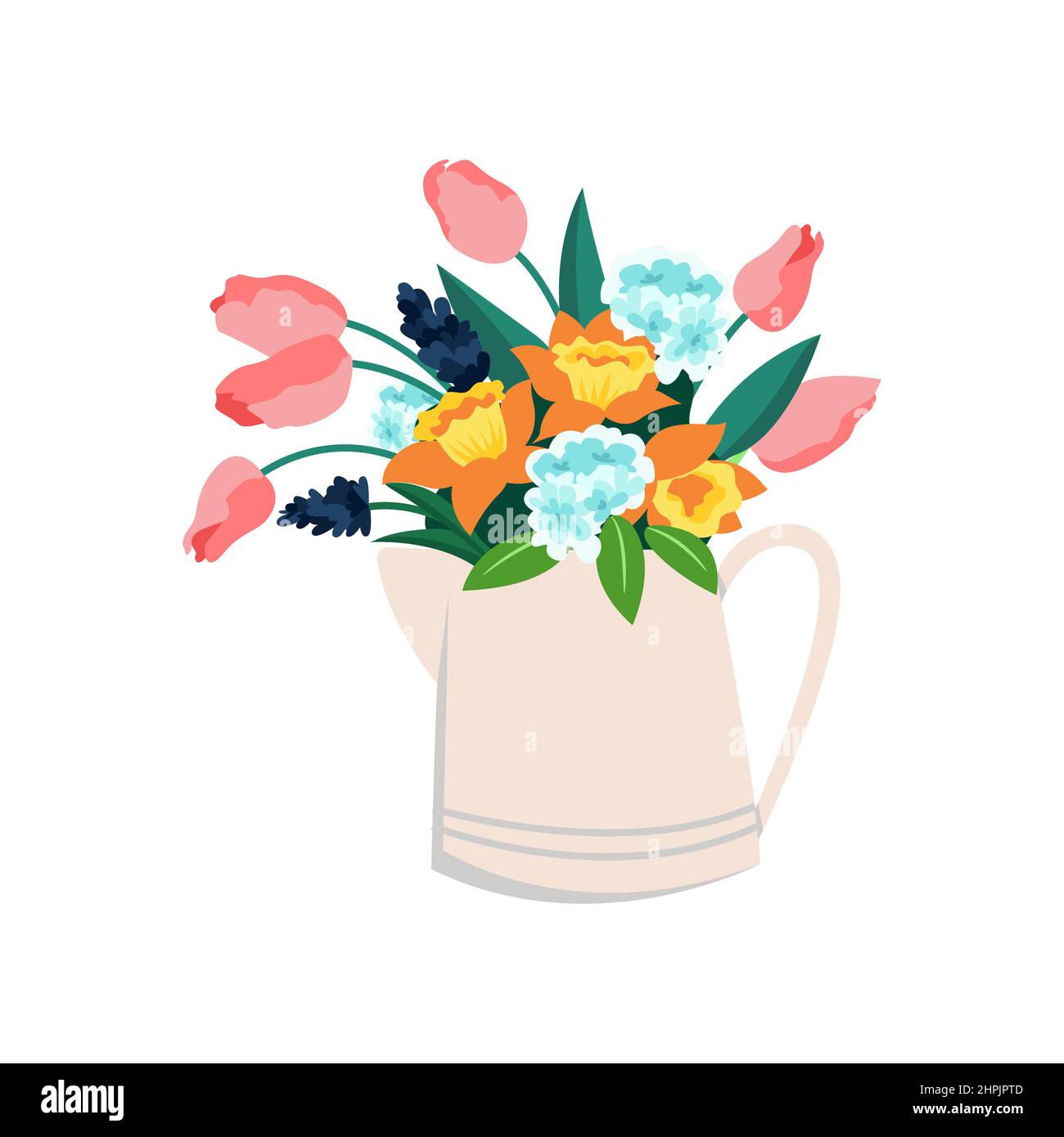 Krug mit Blumen, Tulpen und Narzissen, Frühlingsstrauß mit Hortensien. Vektorgrafik Stock Vektor