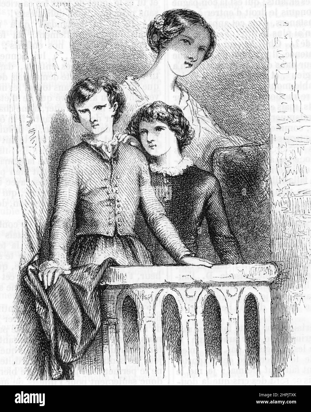'La gouvernante Henriette Deluzy de Francoise, duchesse de Choiseul-Praslin (Choiseul Praslin) qui sera assassinee le 18 aout 1847, egorgee par son mari le duc de Praslin - celui ci etait suspecte d'entretenir une Relation avec la gouvernante' (Porträt der von Choiseuzy-Prascoise, von der Gouverneurin von Choi (Choiseul Praslin), die am 18. August 1847 ermordet und von ihrem Mann, dem Herzog von Praslin, ermordet wird - er wurde verdächtigt, eine Beziehung zur Gouvernante zu haben ) Gravure tyree de 'causes camebres de tous les peuples' de Fouquier 1858 Collection prive Stockfoto
