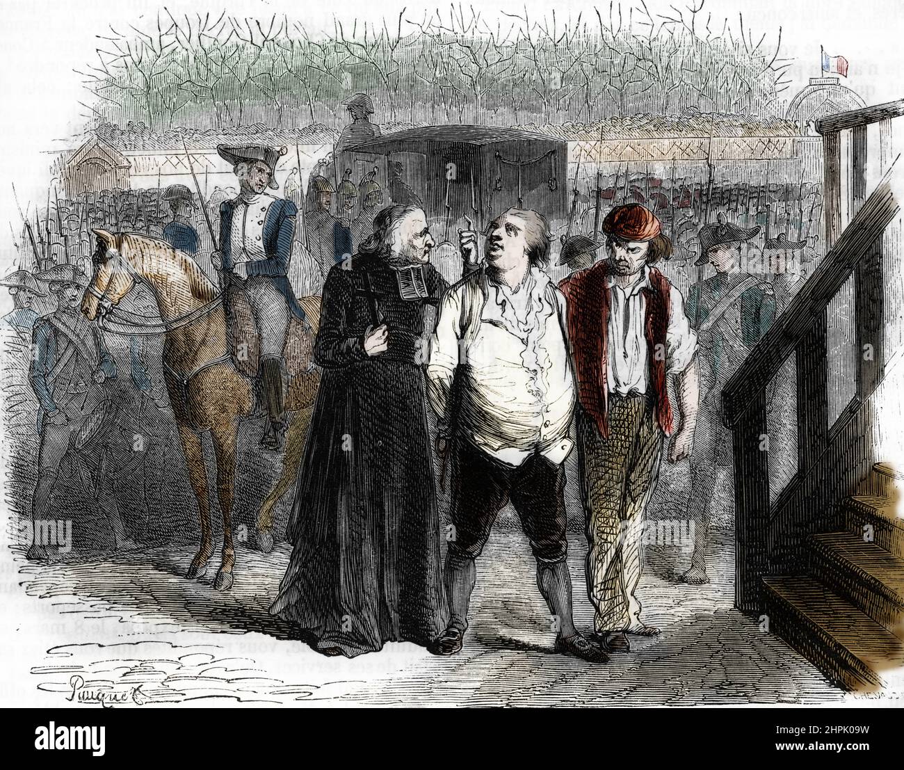 'Le roi Louis XVI (1754-1793) au pied de l'echafaud le jour de son execution accompagne de l'abbe de Firmont et le Bourreau Charles-Henri Sanson 21 janvier 1793' (Hinrichtung von Louis XVI am 21. januar 1793: Der König mit Henry Essex Edgeworth und Charles Henri Sanson) Gravure tiree de 'causes camebres de tous les peuples' de Fouquier 1858 Collection privee Stockfoto