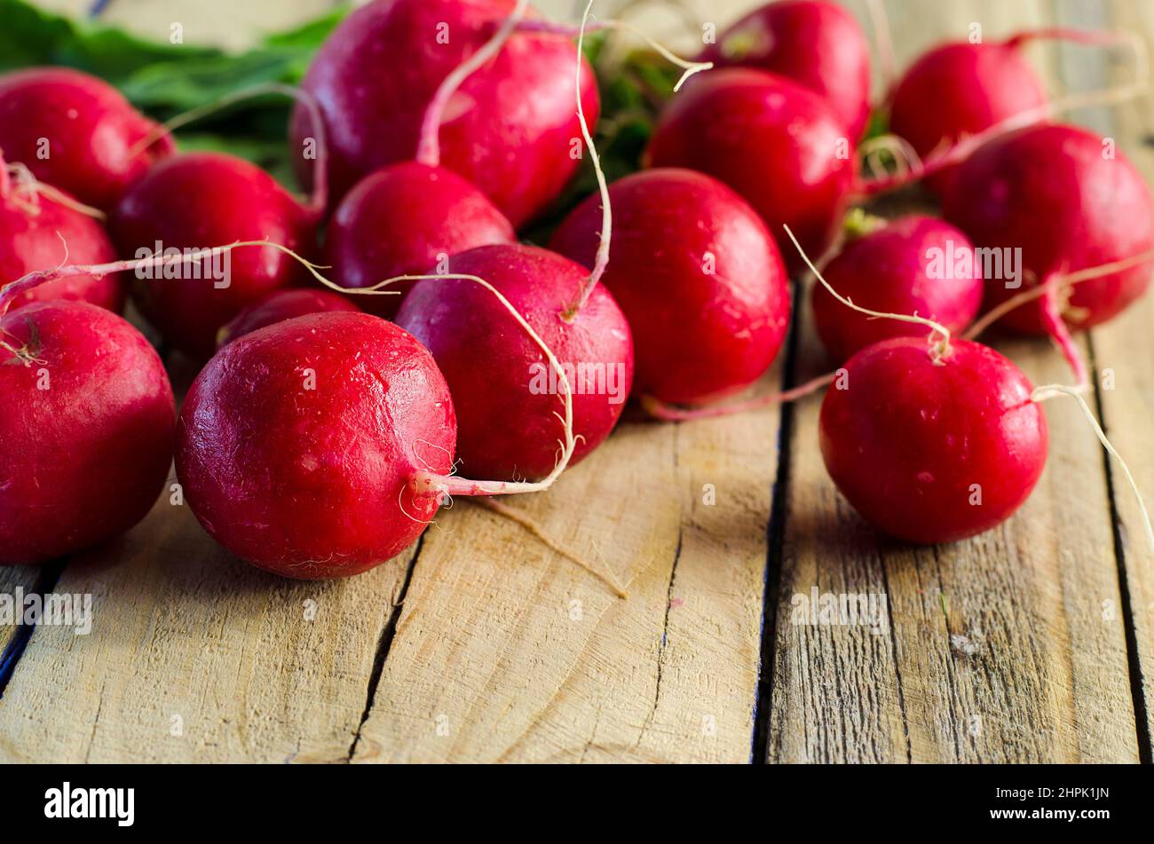 Viele rote Radieschen auf einem braunen Holztisch Stockfoto