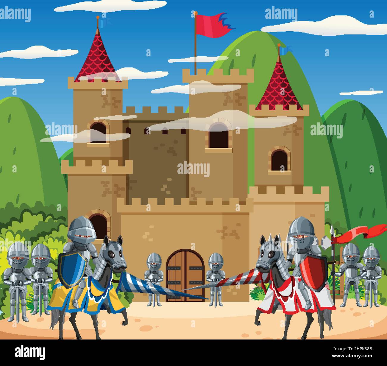 Mittelalterliche Burgszene mit zwei Armeen in Cartoon-Stil Illustration Stock Vektor