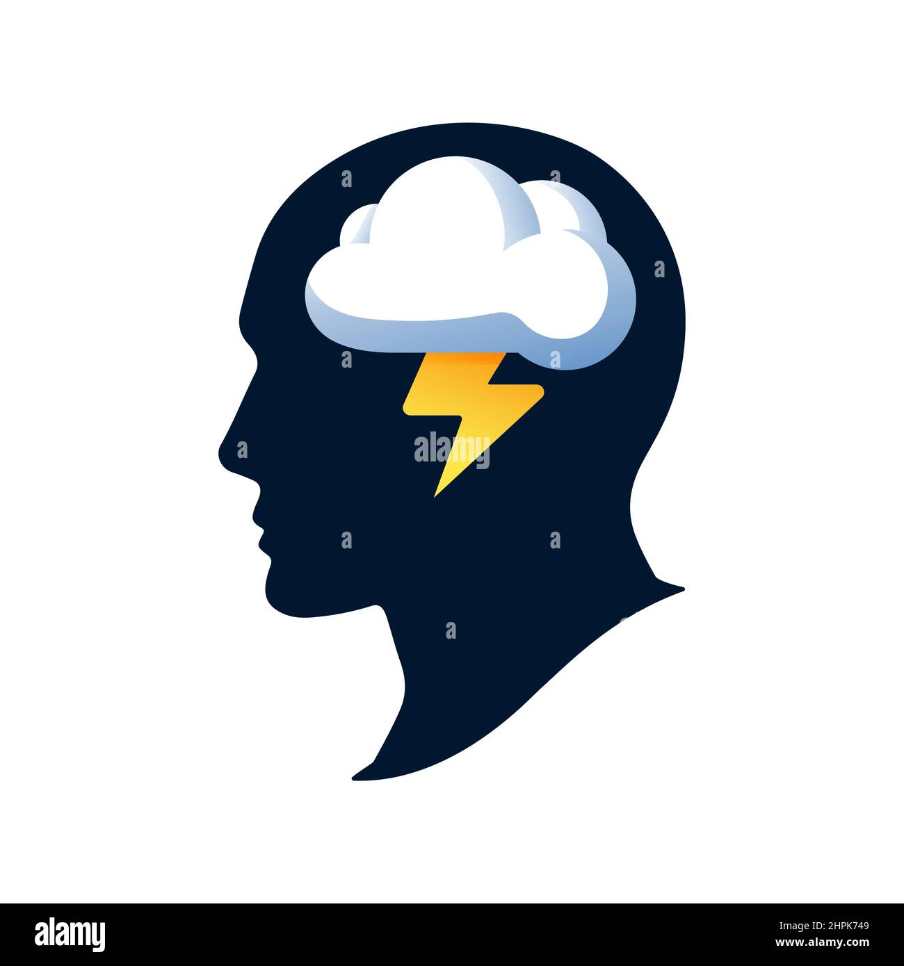 Brainstorming-Konzept. Silhouette eines Kopfes mit einer Wolke und Blitz. Symbol für abstraktes Brainstorming. Vektorgrafik Stock Vektor