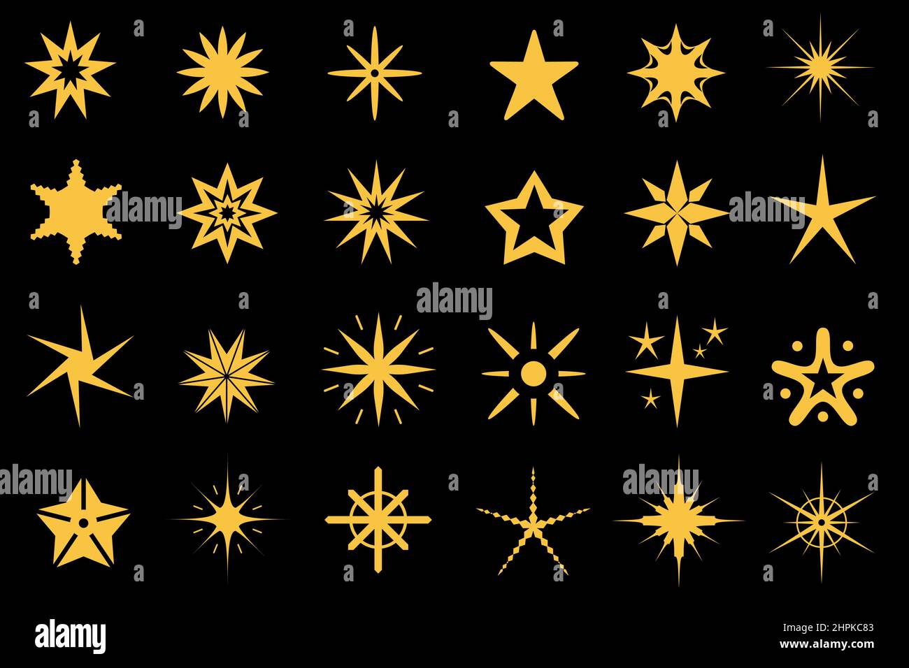 Flache Sterne, funkelt, blinkt und platzt Symbol für Spiele. Geometrischer Stern formt Silhouetten. Premium-Symbole. Leuchtender magischer Sternenvektor Stock Vektor