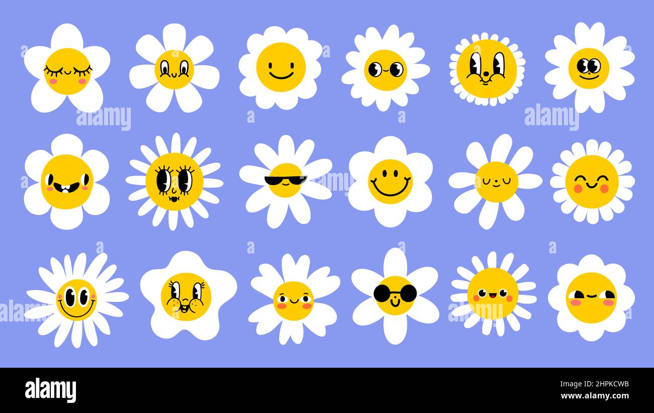 Gänseblümchen Blumen mit Cartoon lustig lächelnde Gesichter, Kamille