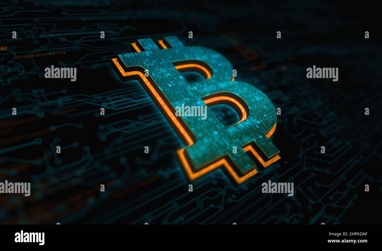 Bitcoin Blockchain Kryptowährung und digitales Geldsymbol digitales Konzept. Netzwerk-, Cyber-Technologie- und Computerhintergrund Abstract 3D illustrationo Stockfoto