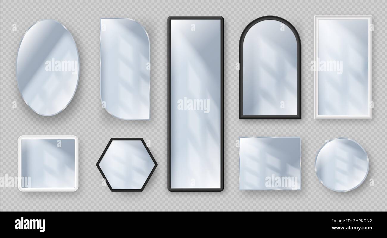 Realistische runde und quadratische Spiegel in Rahmen mit Lichtreflexion. Moderne Spiegel Formen Designs. Glas mit reflektierender Oberfläche Vektor-Set Stock Vektor