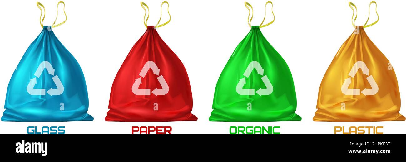 Realistische bunte Müllsäcke für getrennten Abfall und Recycling. Plastiktüte für Papier-, Bio- und Glasabfälle. Sortieren des Vektors für veralteter Daten Stock Vektor