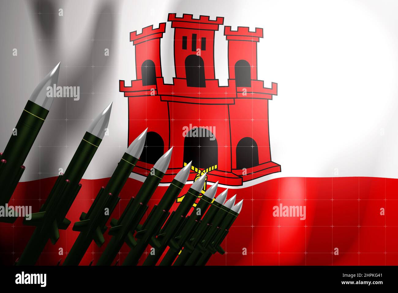 Marschflugkörper, Flagge von Giblartar im Hintergrund - Verteidigungskonzept - 3D Abbildung Stockfoto