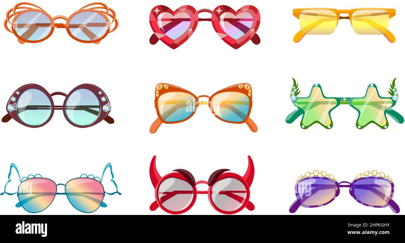 Cartoon lustige Party Sonnenbrille, Brille für Faschingskostüm. Sommerurlaub festliche herzförmige Gläser. Vektor-Set zum Feiern Stock Vektor