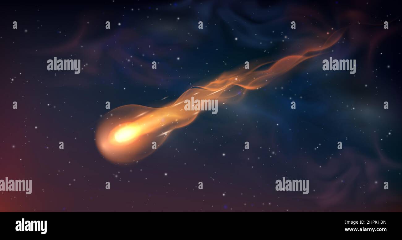 Realistischer Komet oder fallender Meteor mit Spur am Nachthimmel mit Sternen. Brennender Sternschnuppe mit glühendem Gasschwanz. Hintergrund des Raumvektors Stock Vektor