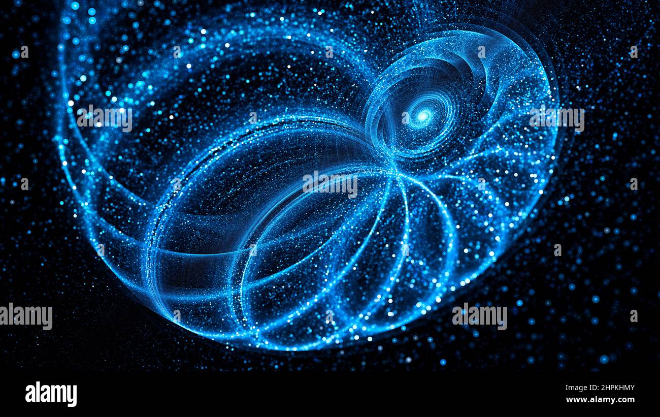 Blau leuchtende Spiralgalaxie im Weltraum, computergenerierter abstrakter Hintergrund, 3D Rendering Stockfoto