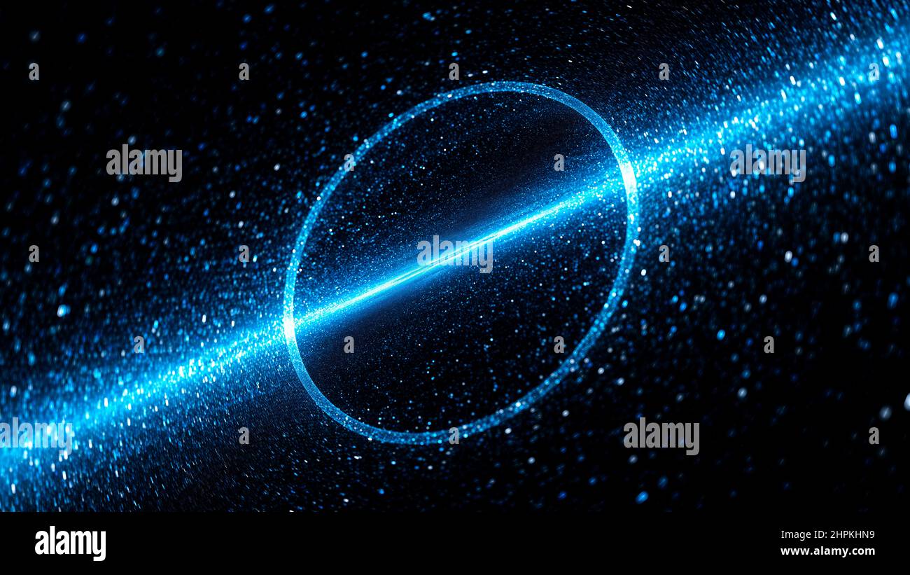 Blau leuchtende künstliche Gravitationslinse im Weltraum, computergenerierter abstrakter Hintergrund, 3D Rendering Stockfoto