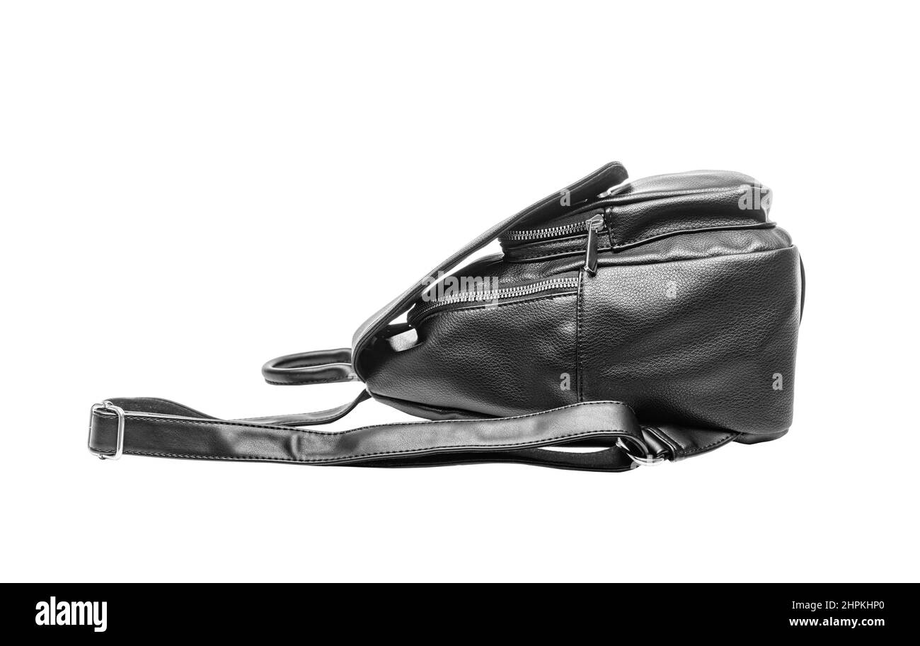 Rucksack aus schwarzem Leder auf weißem Hintergrund. Stockfoto