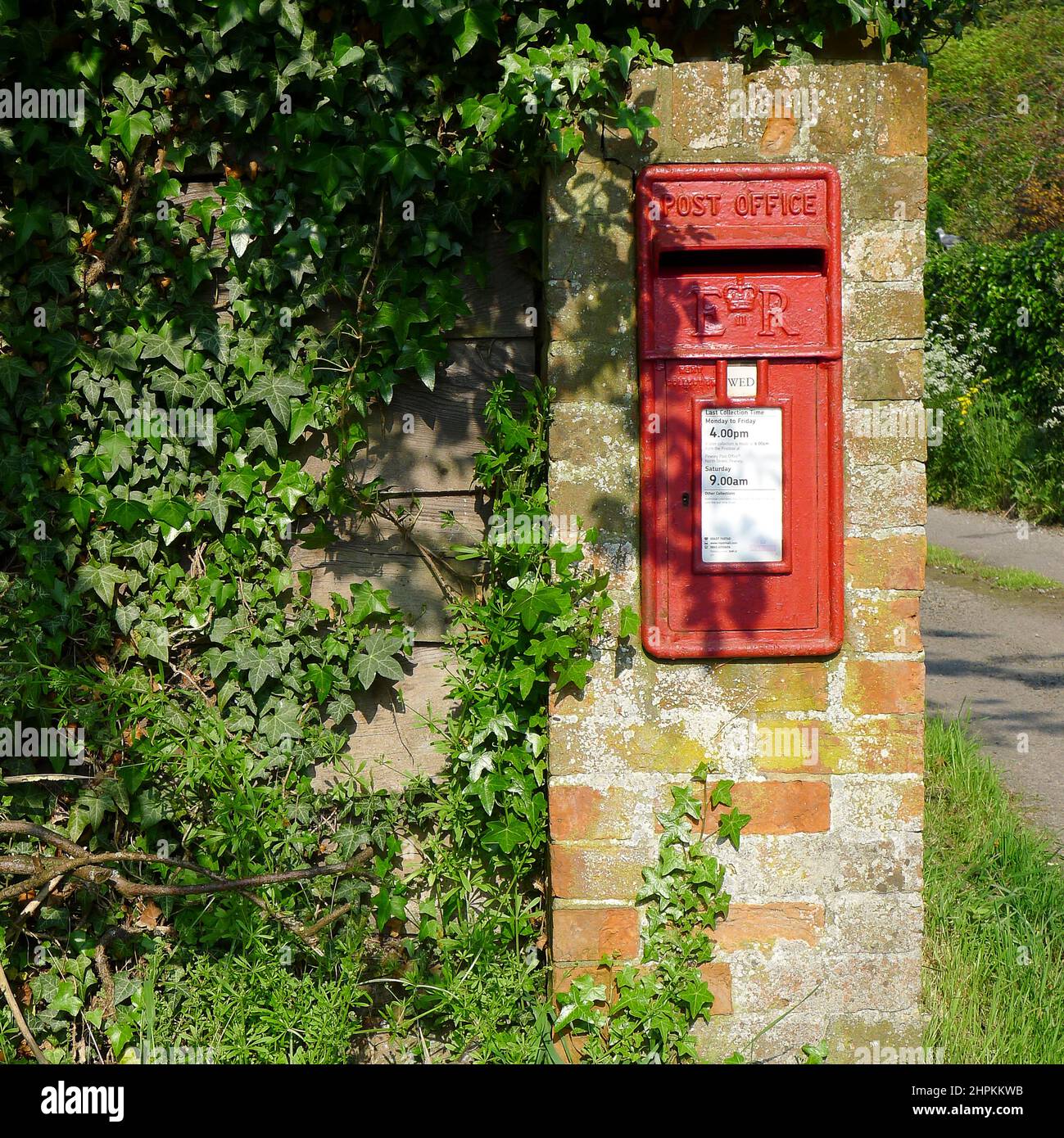 Traditioneller roter Briefkasten in einer alten, mit Efeu bedeckten Wand in einer Landstraße in Großbritannien Stockfoto