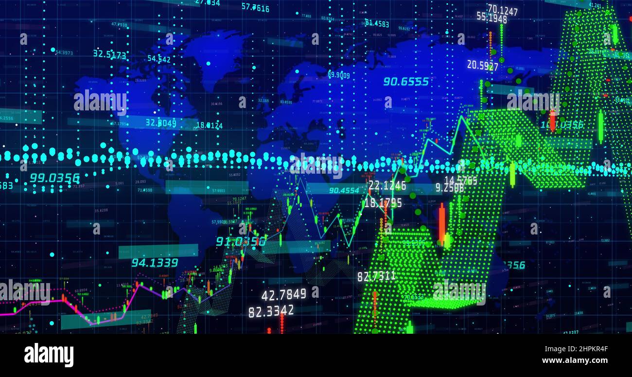 Bild von sich ändernden Zahlen und Datenverarbeitung mit Weltkarte Stockfoto