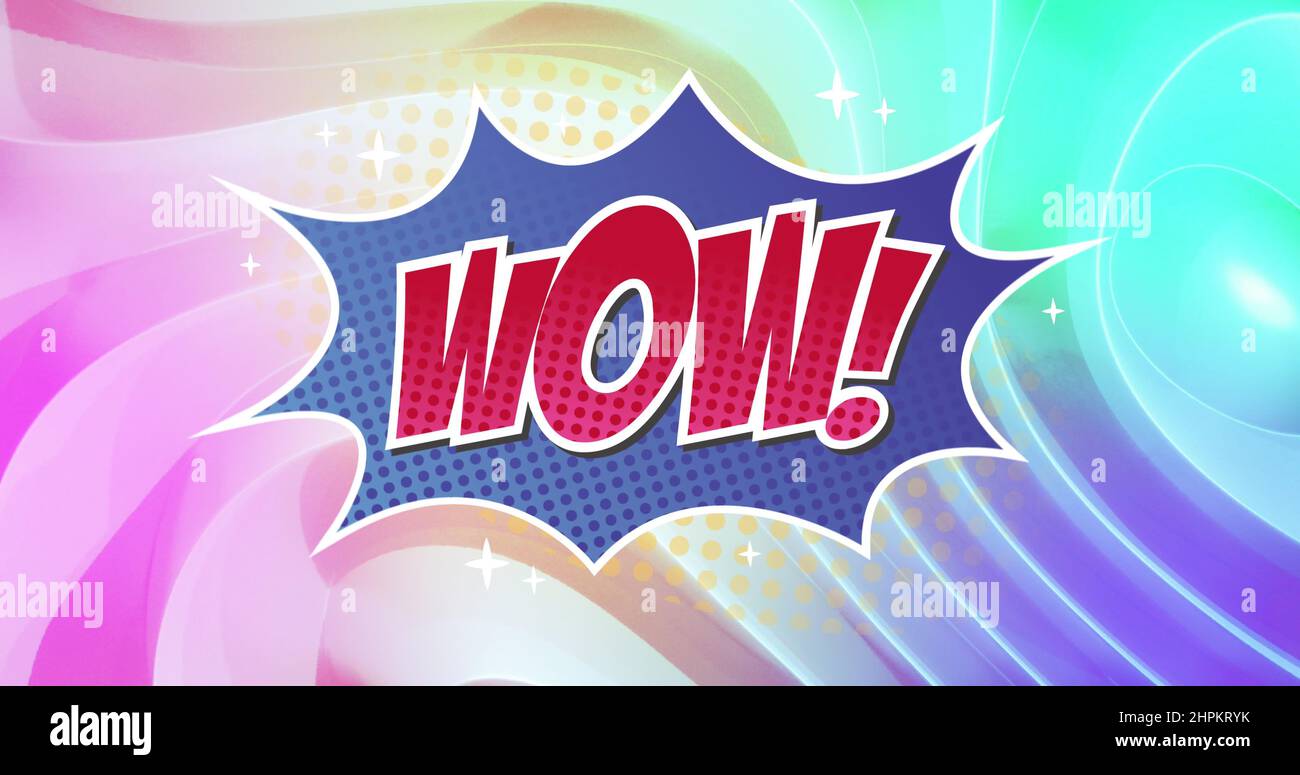 Bild von Retro-Wow-Text über lila Sprechblase und Regenbogen-Hintergrund Stockfoto