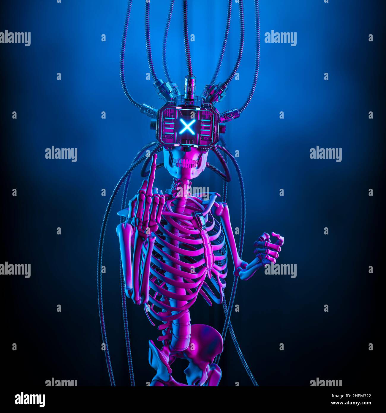 Cyberpunk Skelett Mittelfinger - 3D Illustration von Science-Fiction beten grinsende Skelett-Figur trägt Virtual-Reality-Helm und zeigt unhöflich Stockfoto