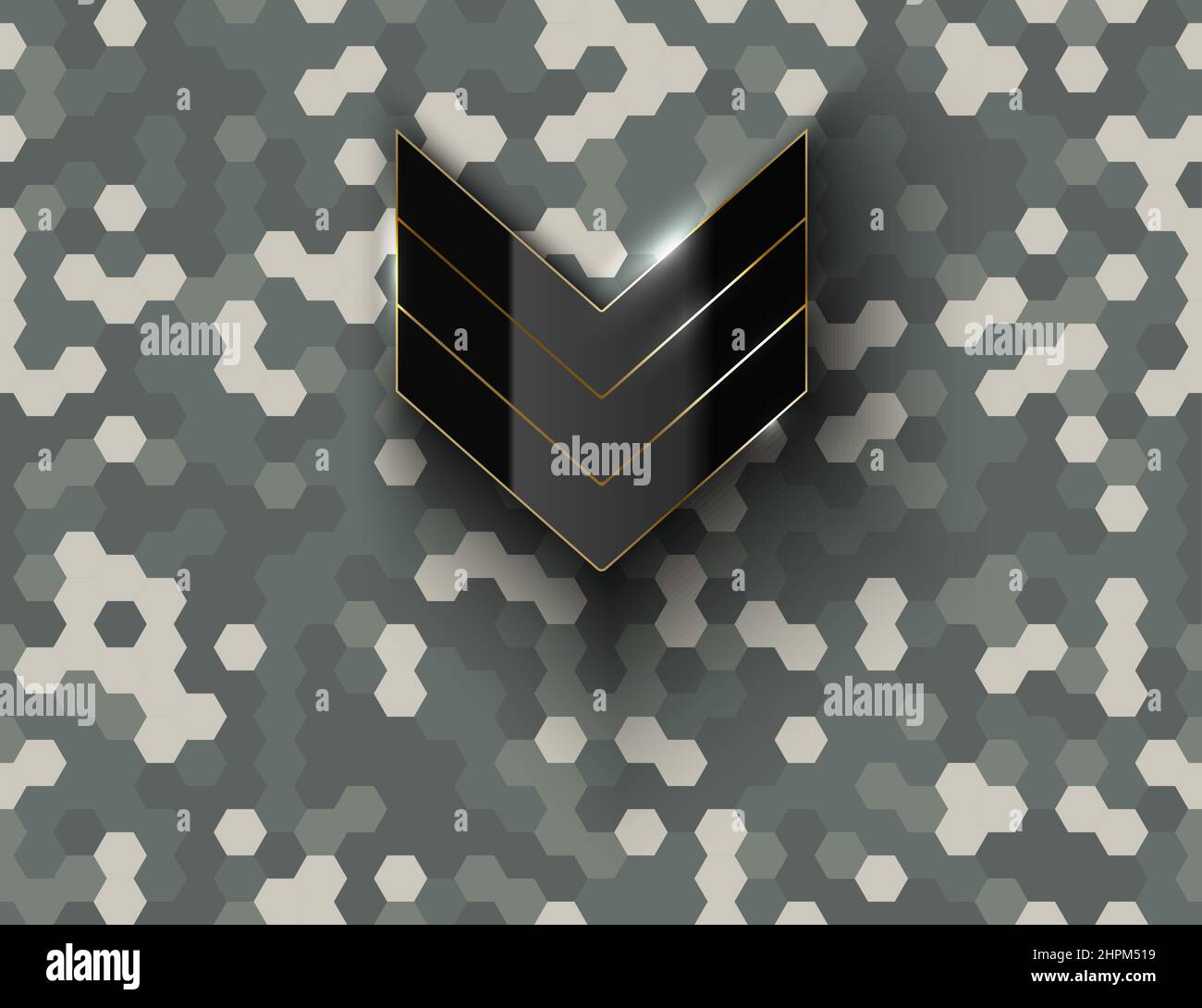 Militär schwarz glänzend Sergeant Rang Zeichen auf hex Pixel Camouflage Hintergrund. Moderne Armee Camouflage Hexagon Pixel Textur. Futuristisch grau camo hintergr Stock Vektor