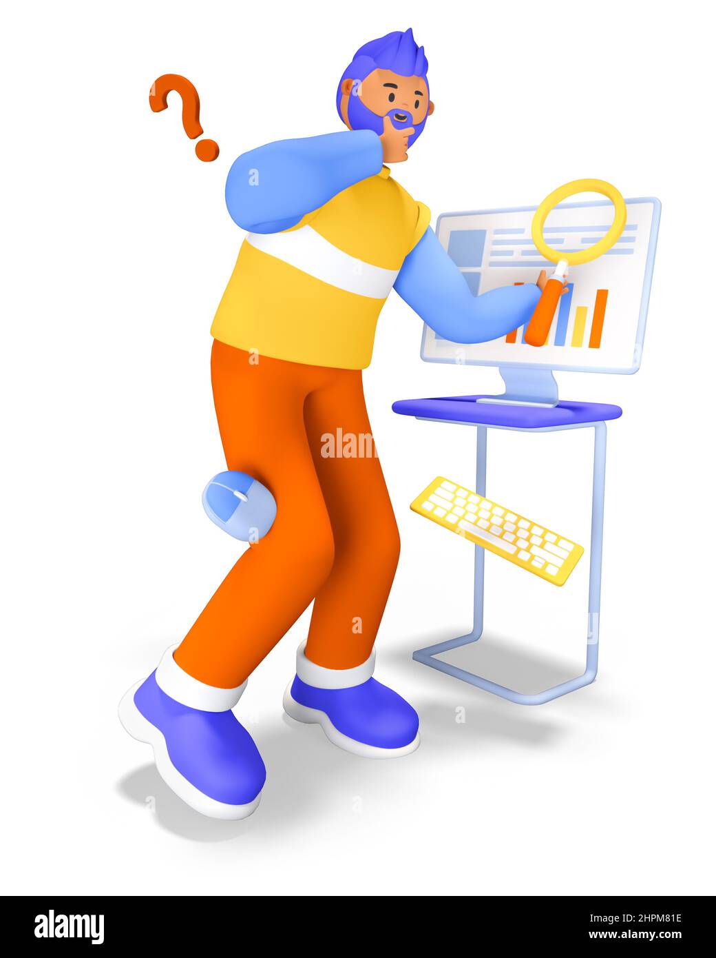 Datenanalyse - Moderne bunte 3D Stil Illustration mit Cartoon-Charakter. Bärtiger Arbeiter steht neben einem Computer und zeigt ein Diagramm und vorsichtig Stockfoto