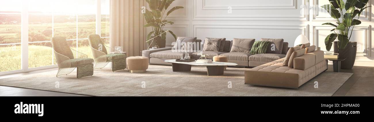Moderne luxuriöse Inneneinrichtung mit Panoramafenstern und Blick auf die Naturpflanzen. Design-Wohnzimmer mit klassischem Fenster. 3D Rendering-Illustration. Stockfoto