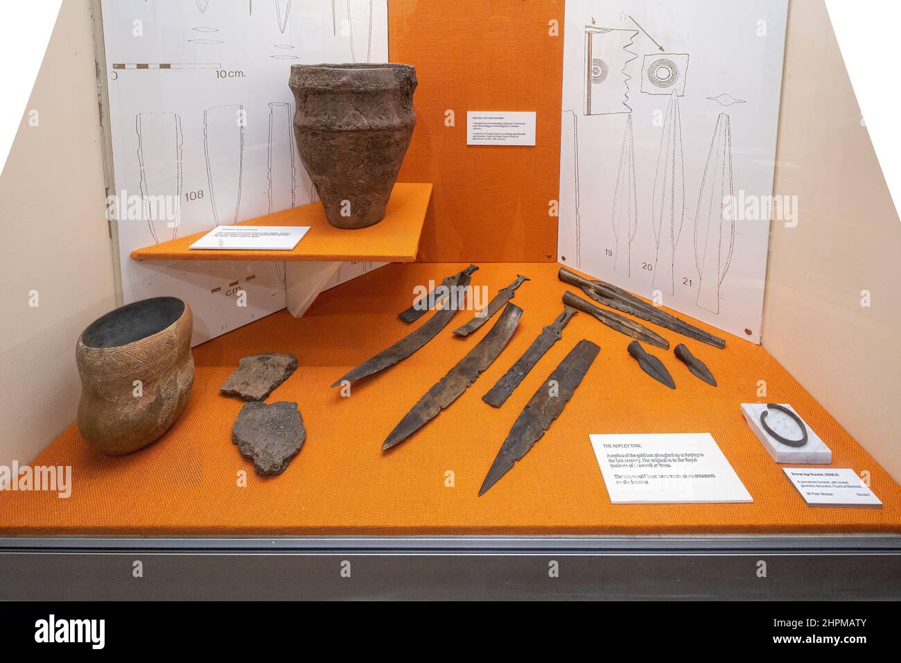 Curtis Museum, das Heimatkundemuseum im Stadtzentrum von Alton, Hampshire, England, Großbritannien. Bronzezeitliche Artefakte Stockfoto