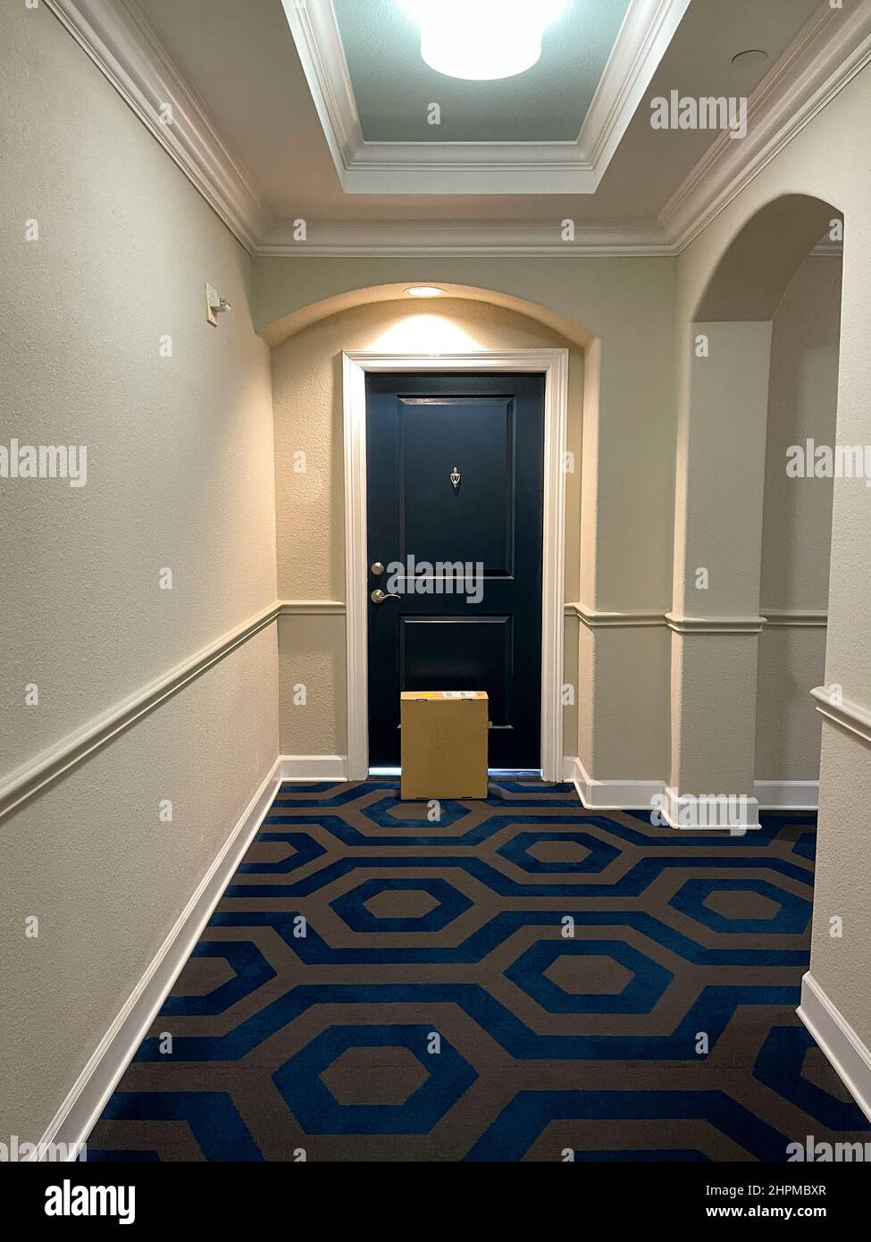 Atlanta, GA - 28. März 2021: Ein Paket vor einer Innentür in einer Eigentumswohnung im Buckhead-Bezirk von Atlanta, GA. Stockfoto