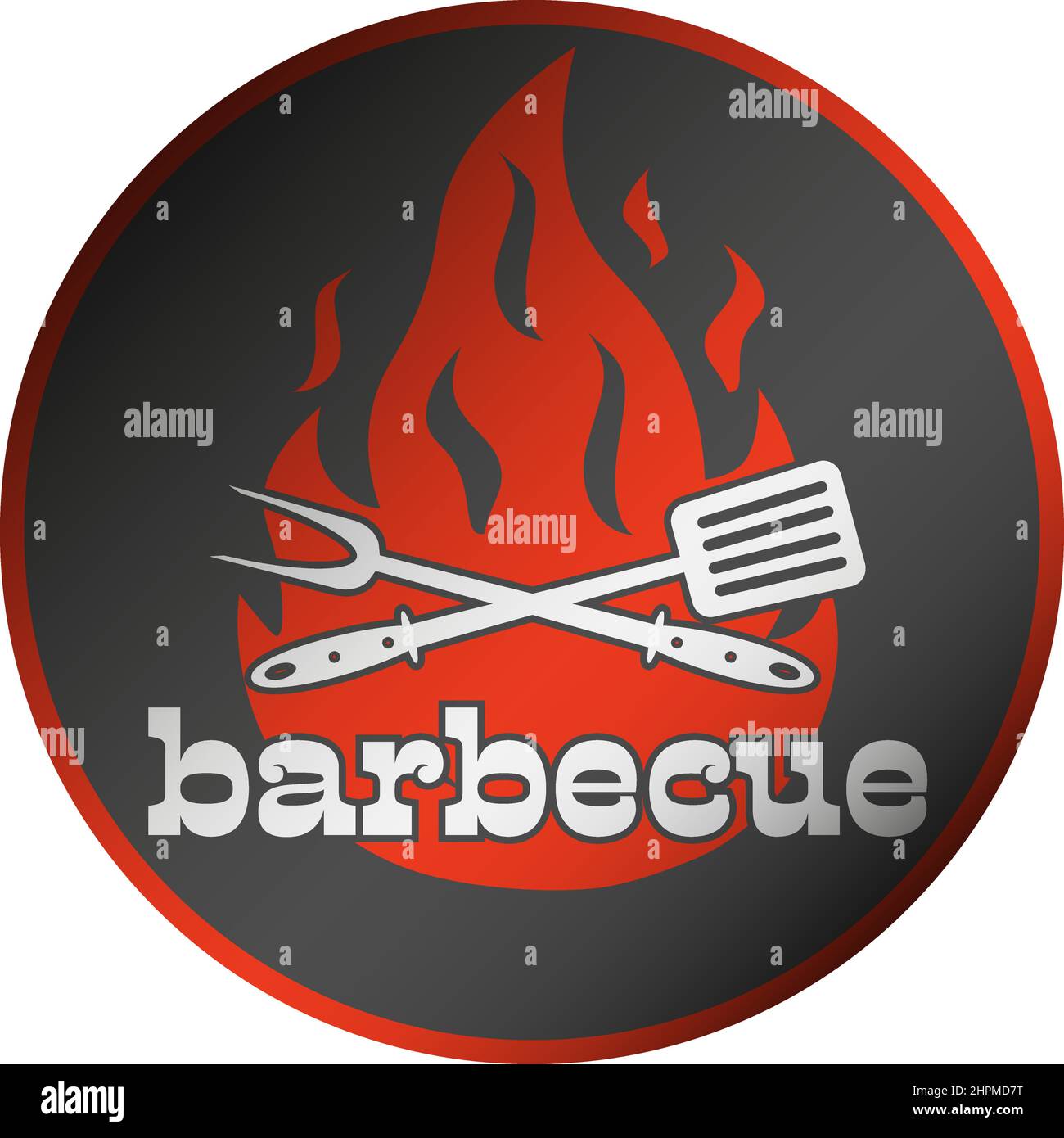 Runder Grill BBQ Aufkleber mit roten Flammen, Gabel und Spachtel, Vektorgrafik Stock Vektor
