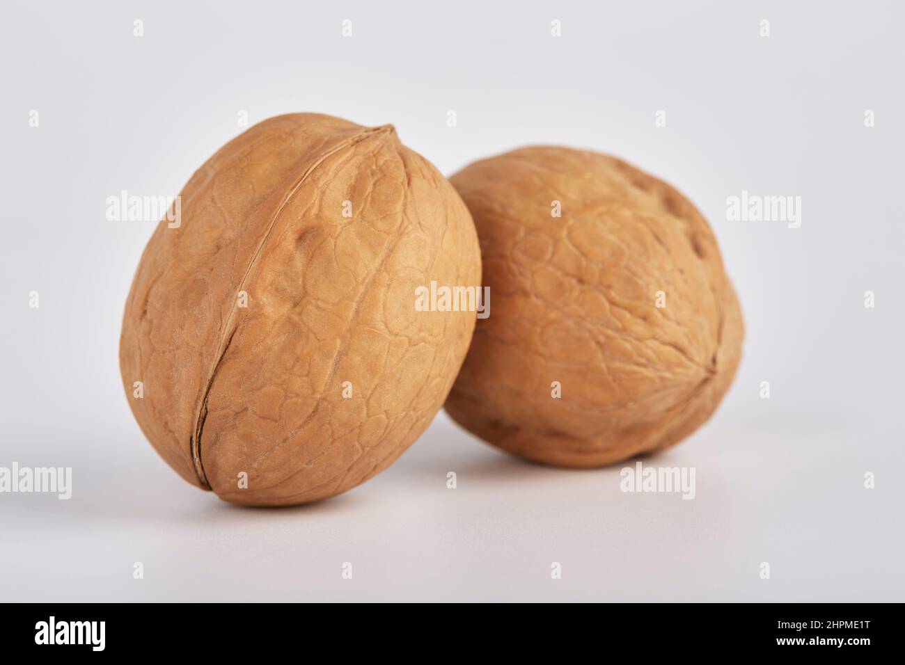 Zwei große Walnüsse liegen nebeneinander auf weißem Hintergrund. Stockfoto