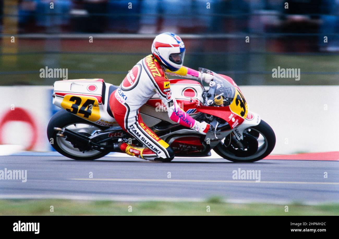 Kevin Schwantz (USA), Motorrad-Weltmeisterschaft 1990, Grand Prix (GP) von Deutschland auf dem Hockenheimring am 27. Mai 1990, Lucky Strike Suzuki RGV 500 Stockfoto