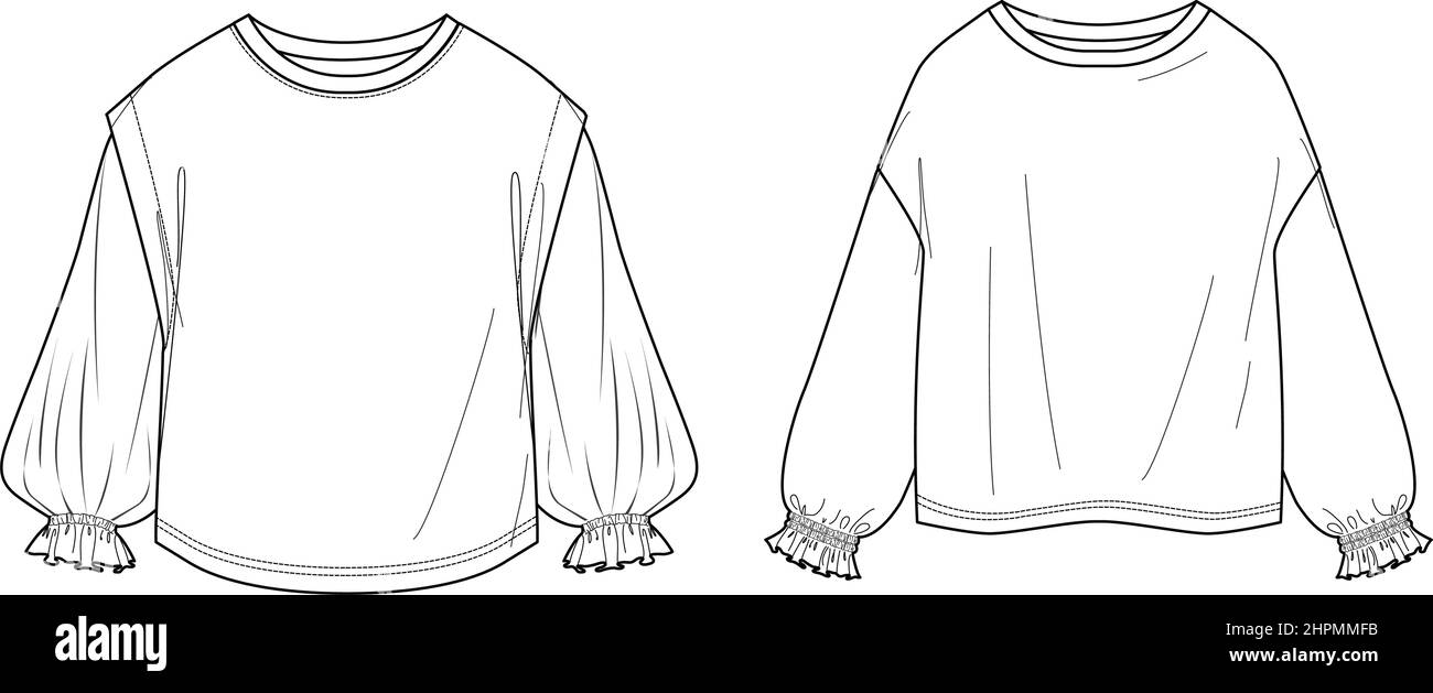 Vektor Rundhalsausschnitt Langarm Top Mode CAD, Frau 2 Peaces Set T-Shirt technische Zeichnung, Langarm Sweatshirt flach, Vorlage, Skizze. Trikot Stock Vektor