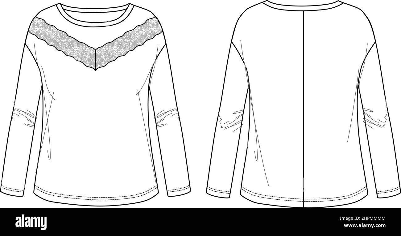 Vektor Langarm T-Shirt Mode CAD, Frau Top mit Spitzenbesatz Detail technische Zeichnung, Vorlage, Skizze, flach. Bluse aus Jersey- oder Webstoff mit Stock Vektor