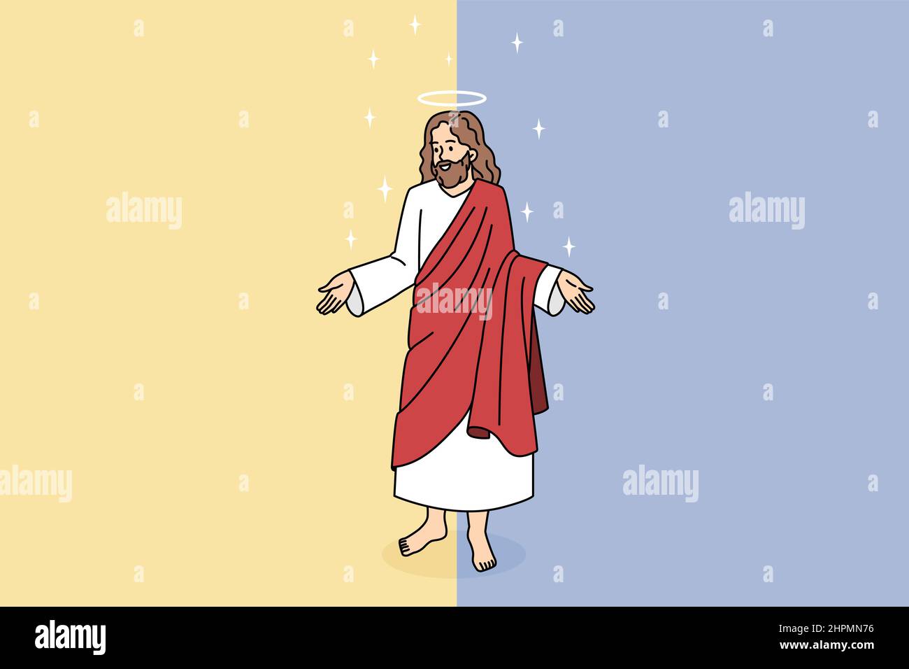 Bibel und Jesus Christus Konzept. Freundlich lächelnden Jesus in roter Kleidung stehen und zeigt seine großen fürsorglichen Hände Vektor-Illustration Stock Vektor